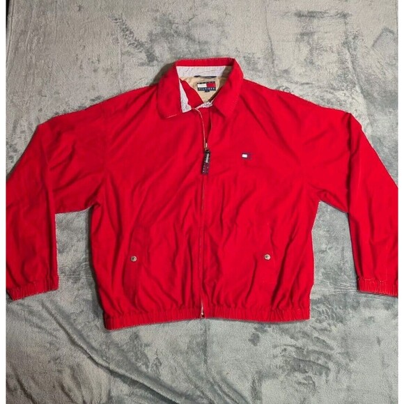 Vintage Tommy Hilfiger Jacket Men's Size Large Red‎ Harrington Work Collard - Picture 1 of 16